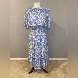 Misa Los Angeles Blue and White Ruffled Off-Shoulder Sundress